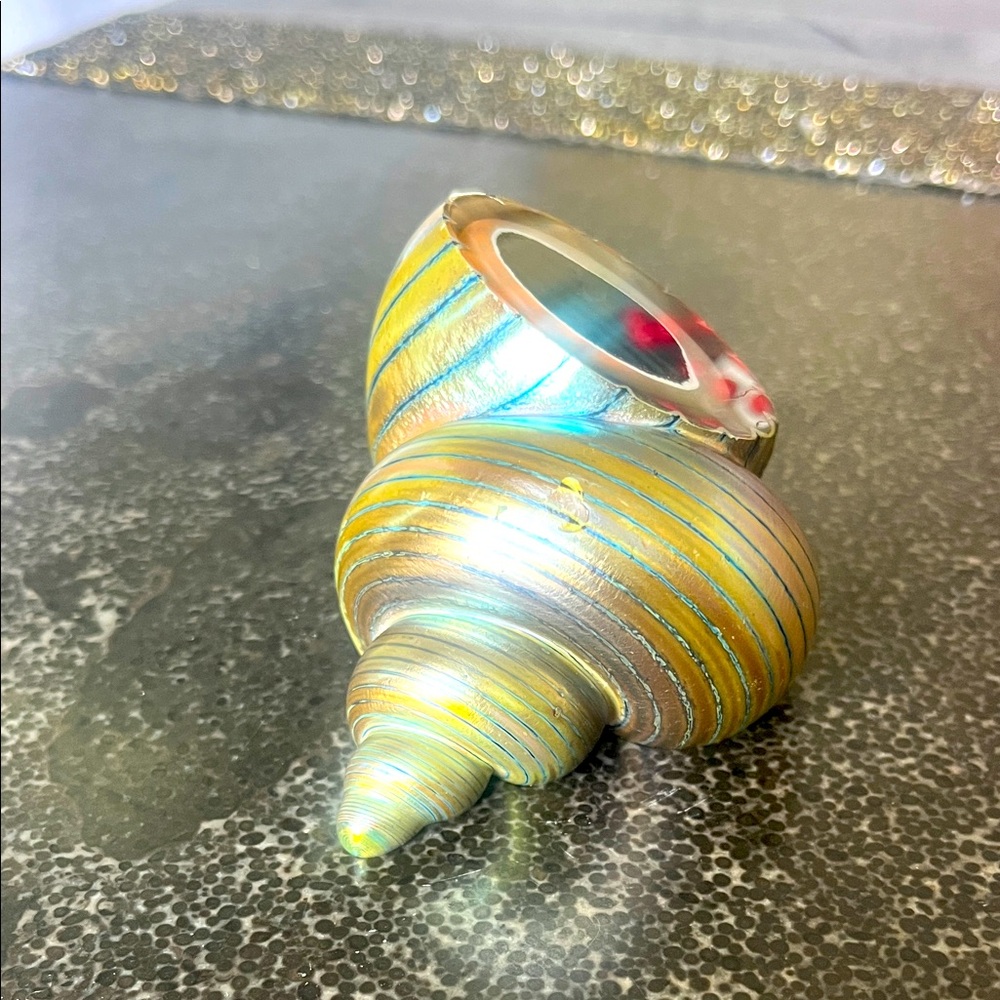 Turbo Marmoratus shell iridescent spiral core paperweight 4“ x 2.25“